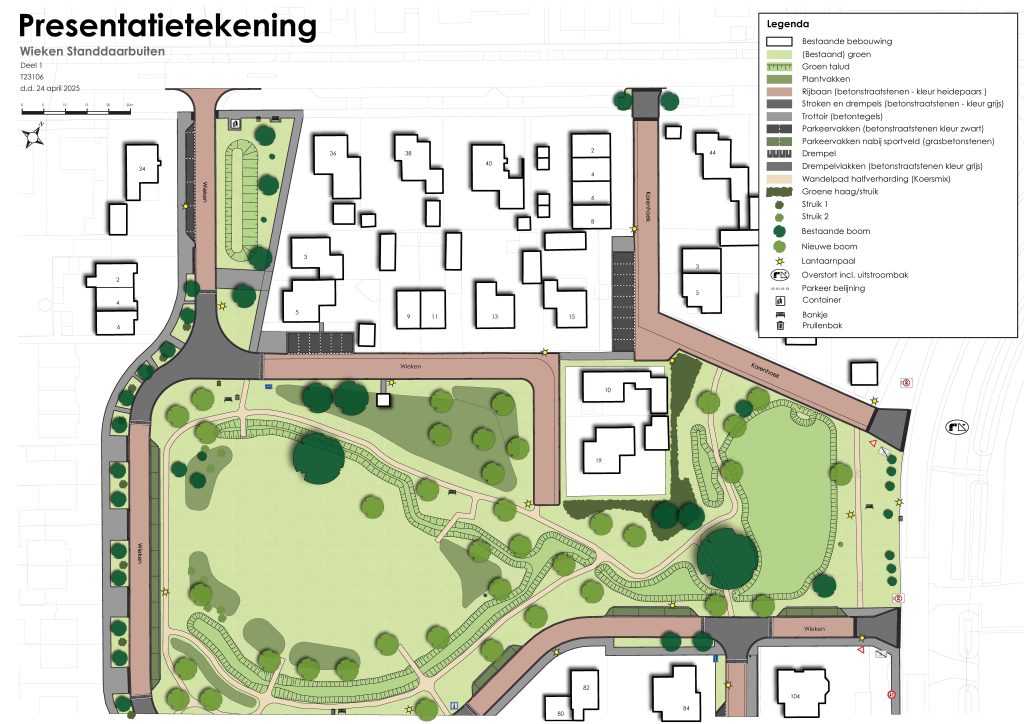 Ter hoogte van Wieken 34 komt een greppel in de groenstrook. In deze greppel wordt regenwater opgevangen;
Ter hoogte van Wieken 6 wordt een verhoogd plateau aangebracht als verkeersremmende maatregel;
De rijbaan wordt overal versmald tot 4,80 meter;
De trottoirs worden overal 1,80 meter;
Ter hoogte van Wieken 8 worden 9 nieuwe (groene) parkeervakken aangelegd;
De paden in het park worden vernieuwd;
Het speelveld wordt opgehoogd met grond. Langs het speelveld worden greppels aangelegd, welke het water afvoeren;
Tussen Korenhoek 7 en Wieken 104 wordt een wateropvang aangebracht;
Tussen Korenhoek 7 en Wieken 104 wordt is de rijbaan verwijderd;
Ter hoogte van Korenhoek 7 is de rijbaan aangesloten op de Molendijk