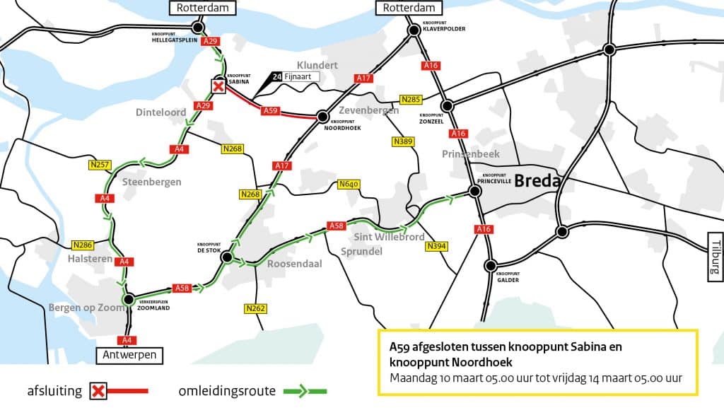 A59: Weekafsluiting tussen knooppunten Sabina en Noordhoek richting Roosendaal/Dordrecht; 10-14 maar