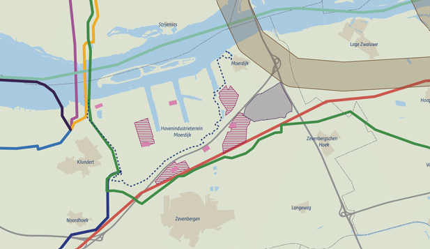 Programma VAWOZ onderzoekt 1 of 2 mogelijke aanlandlocaties op en/of rond het haven- en industrieterrein Moerdijk. Daarvoor zijn zes zoekgebieden in beeld. Deze zoekgebieden zijn de roze blokjes op deze kaart.