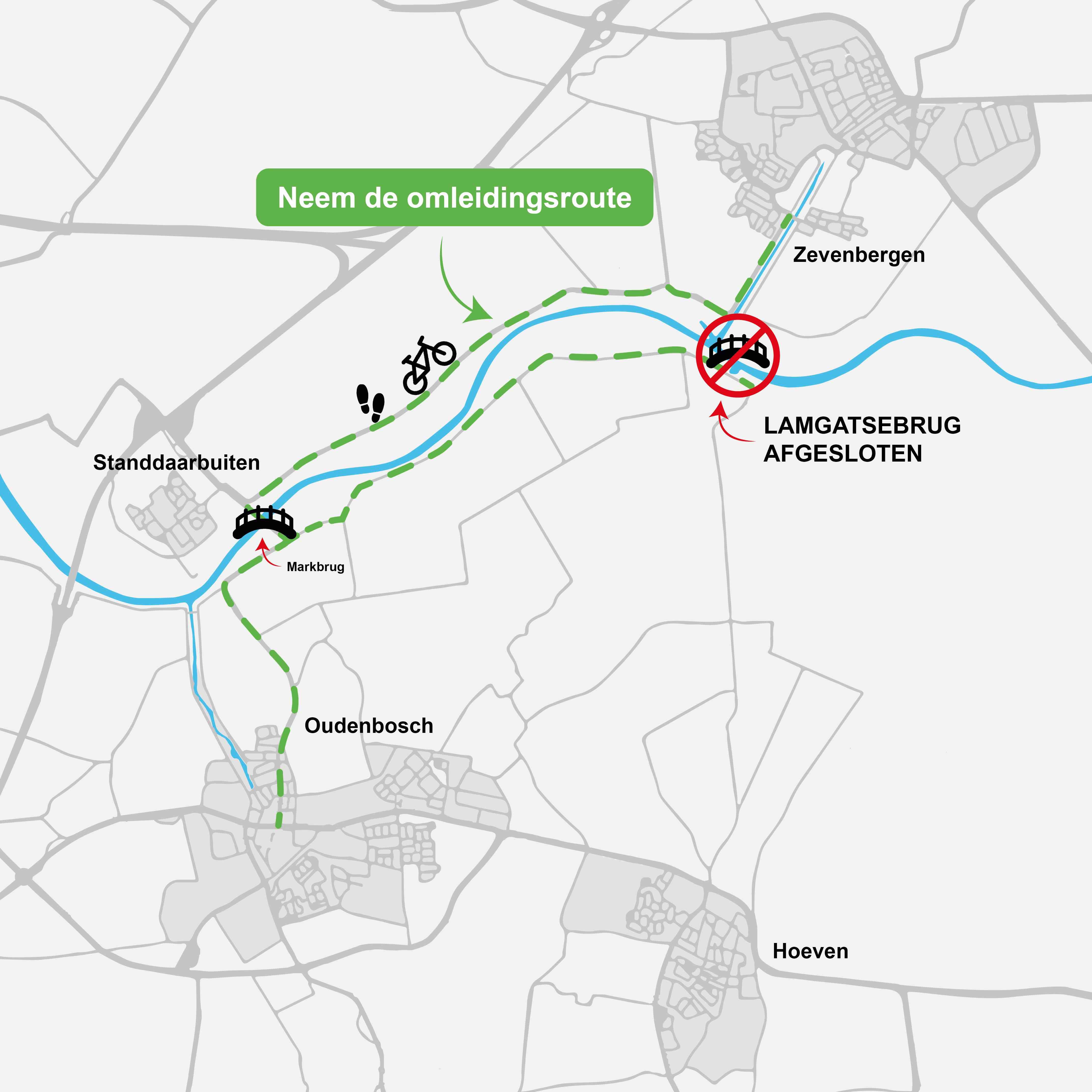 Kaart met de omleidingsroute naar Oudenbosch
